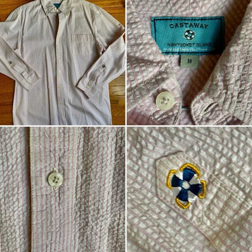 Castaway Nantucket $138 Chase Pink Seersucker Mens Button Down Shirt MED EUC